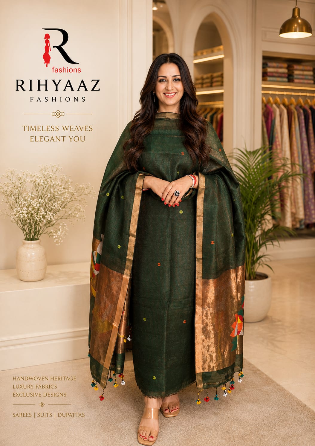 Mohor broad palla Paithani linen Jamdani suit by Rihyaaz with 3-meter linen top and 2.5-meter tassel dupatta in premium handloom-inspired weave.
