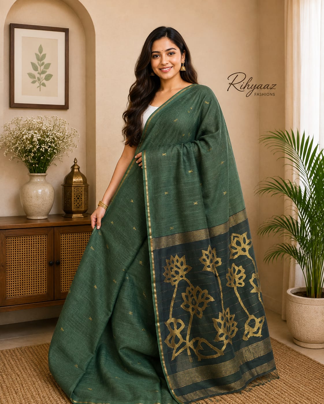 Ayat Linen Silk Resham Anchal Copper Silver Zari Jamdani Weaved Saree by Rihyaaz – Premium Handwoven Festive & Wedding Saree