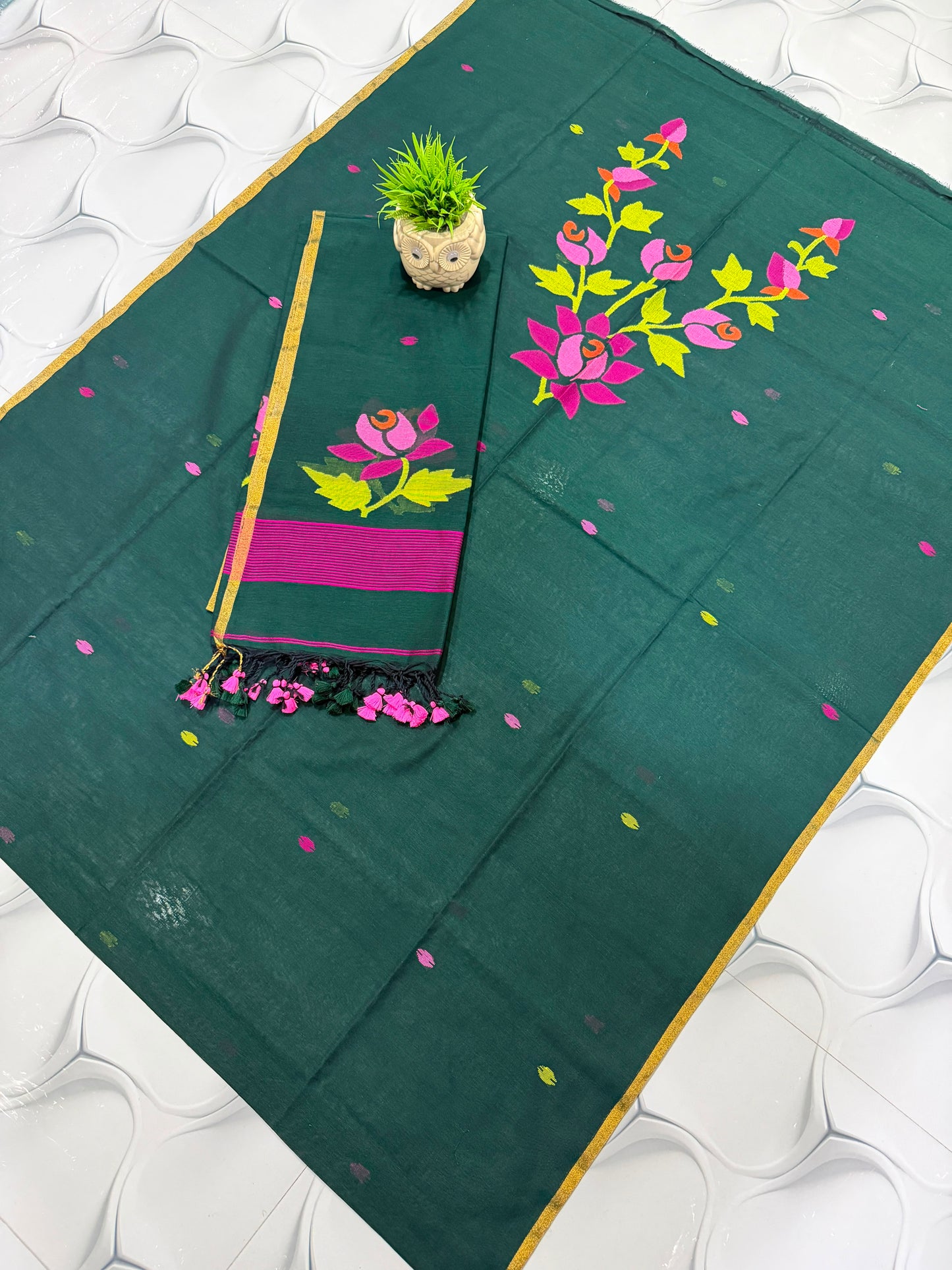 Dark Green Pure cotton Jamdani suit set with 2.5 meter cotton top and 2.5 meter dupatta, featuring traditional Jamdani weaving and elegant ethnic design by Rihyaaz.