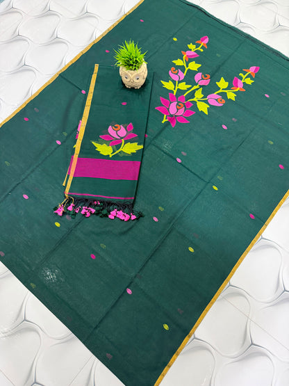 Dark Green Pure cotton Jamdani suit set with 2.5 meter cotton top and 2.5 meter dupatta, featuring traditional Jamdani weaving and elegant ethnic design by Rihyaaz.