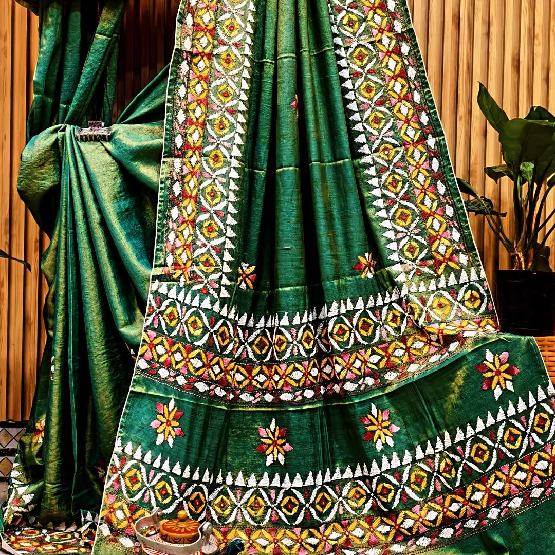 Satrangi Pure Handloom Raga Tissue Saree with handcrafted Kathiyawadi embroidery by Rihyaaz, luxury festive handwoven ethnic saree.