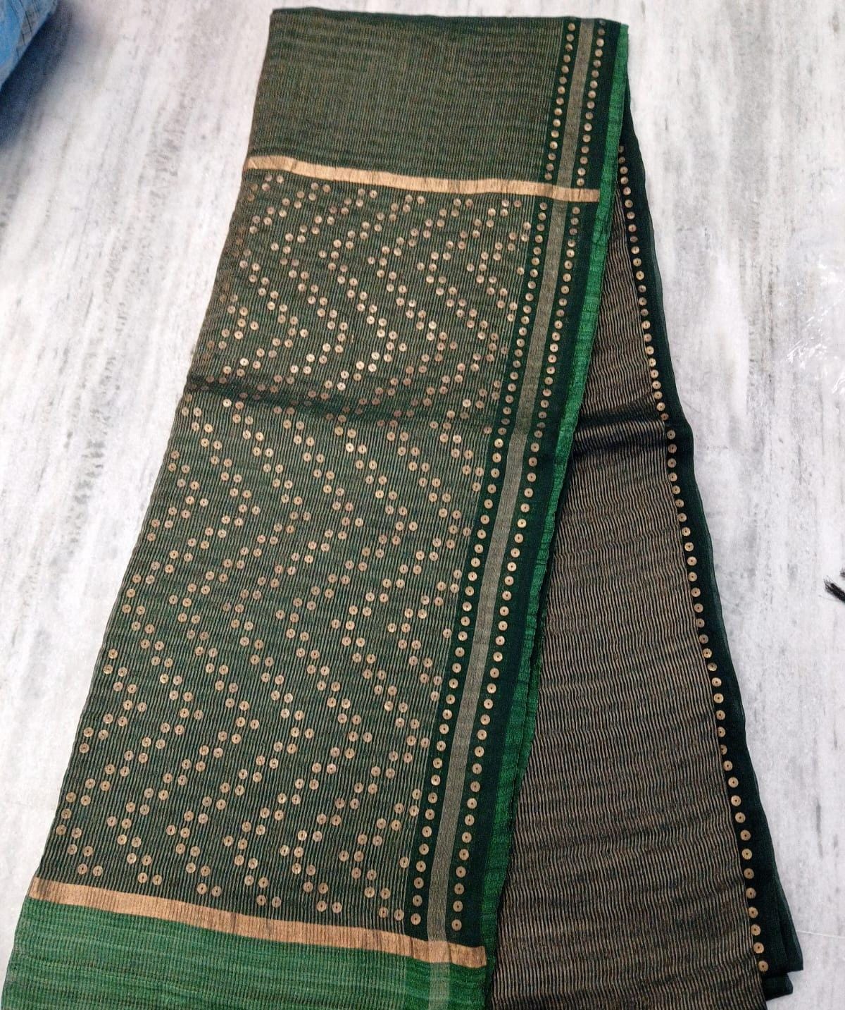 Shama Pure Resham festive saree with dual silver and golden zari stripes, sequin work on palla and border, paired with Pure Matka blouse piece by Rihyaaz.