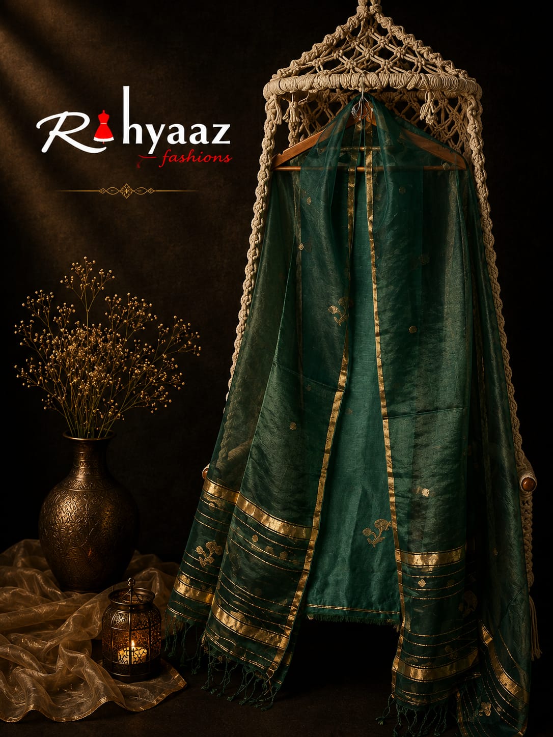 Lipi Dark Green Resham Linen Zari Jamdani suit with zari border and heavy palla Resham dupatta by Rihyaaz
