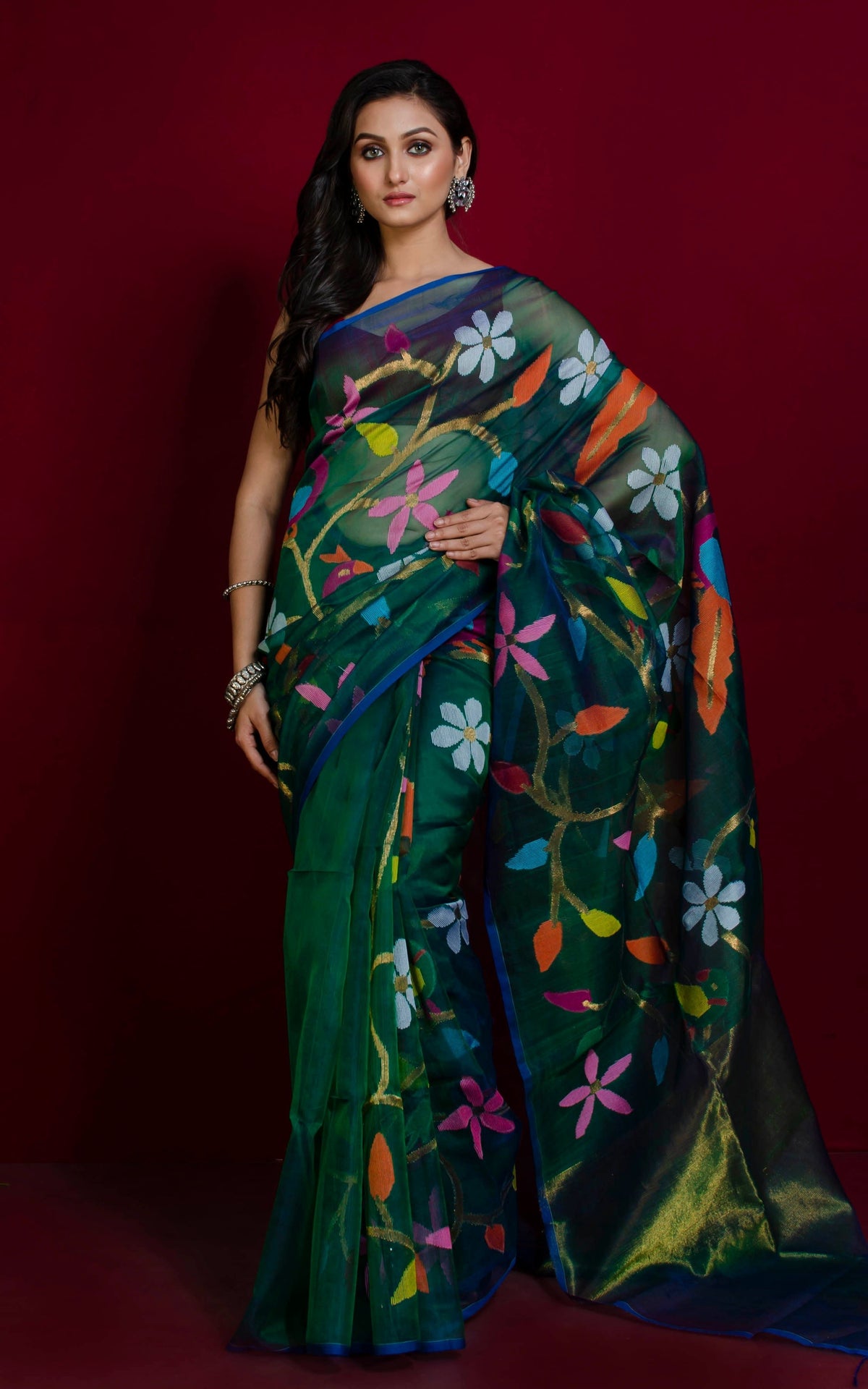 Papri Resham silk jamdani saree with allover handwoven bird & floral weaves by Rihyaaz 