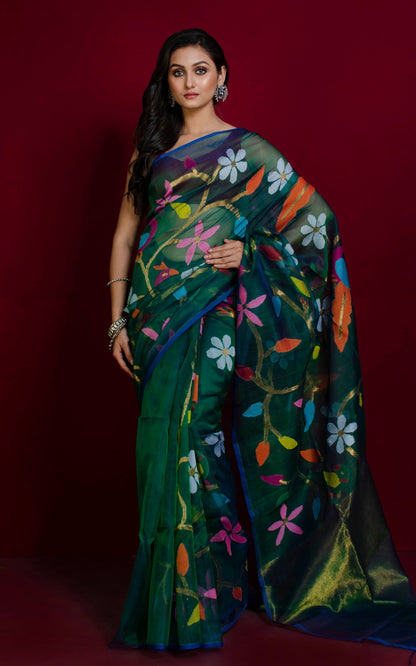 Papri Resham silk jamdani saree with allover handwoven bird & floral weaves by Rihyaaz 