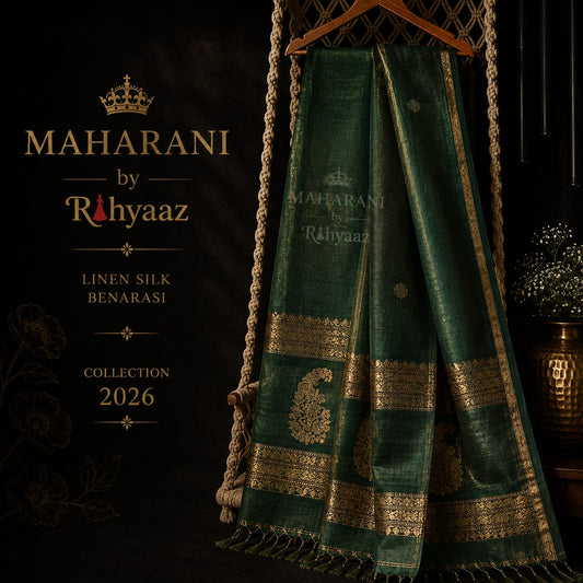 MahaRani Resham by Silk Linen Banarasi Kadhuwa Weaves Suit Set by Rihyaaz featuring premium handwoven Banarasi Kadhuwa weaving for festive, wedding, and luxury ethnic wear.