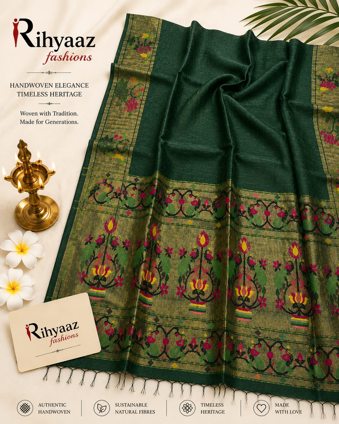 Sutra Silk Linen Intricate Paithani Palla Saree by Rihyaaz featuring exquisite handwoven craftsmanship, luxurious silk linen fabric, detailed Paithani palla, and an elegant traditional design for festive and wedding wear.