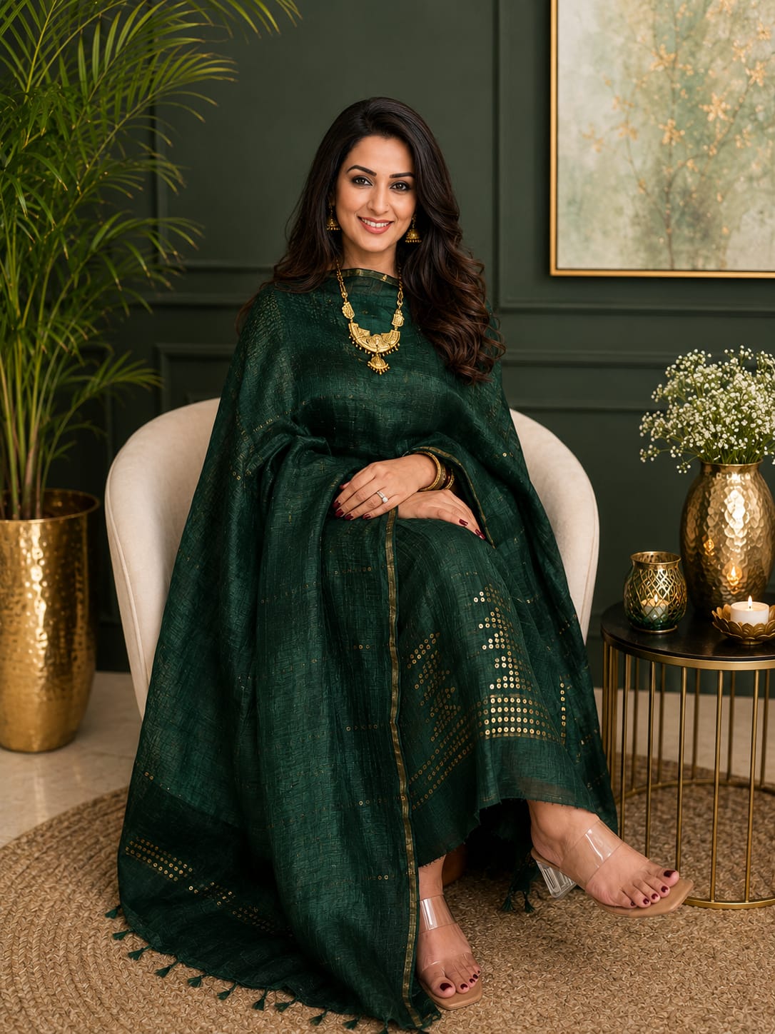 𝓝𝓪𝓳𝓪𝓶 silk linen sequin weaved dress featuring intricate double-weaved silk sequin detailing, crafted by Rihyaaz Fashions.