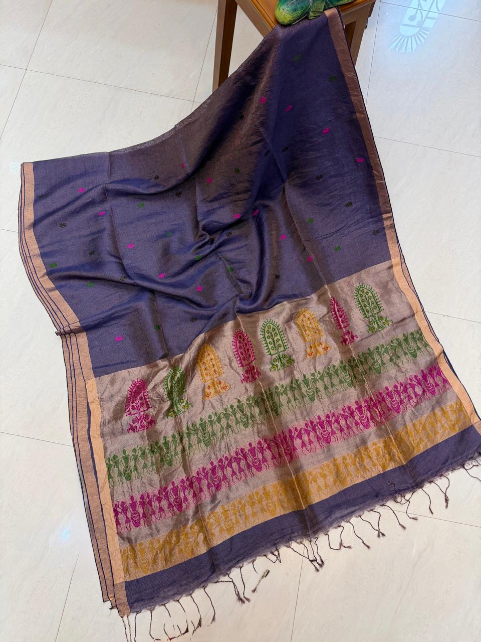 Authentic premium quality soft pure Tissue Silk Linen Paithani saree by Rihyaaz with running blouse piece