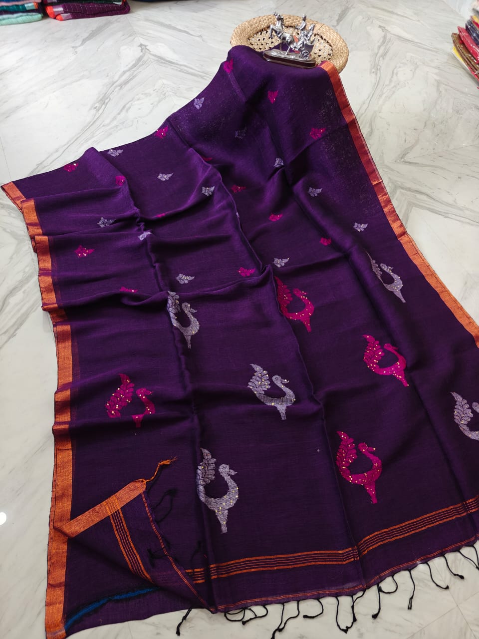 Exclusive Pure Linen by Linen Peacock Jamdani handwoven saree with all-over body Mina work and running blouse piece by Rihyaaz