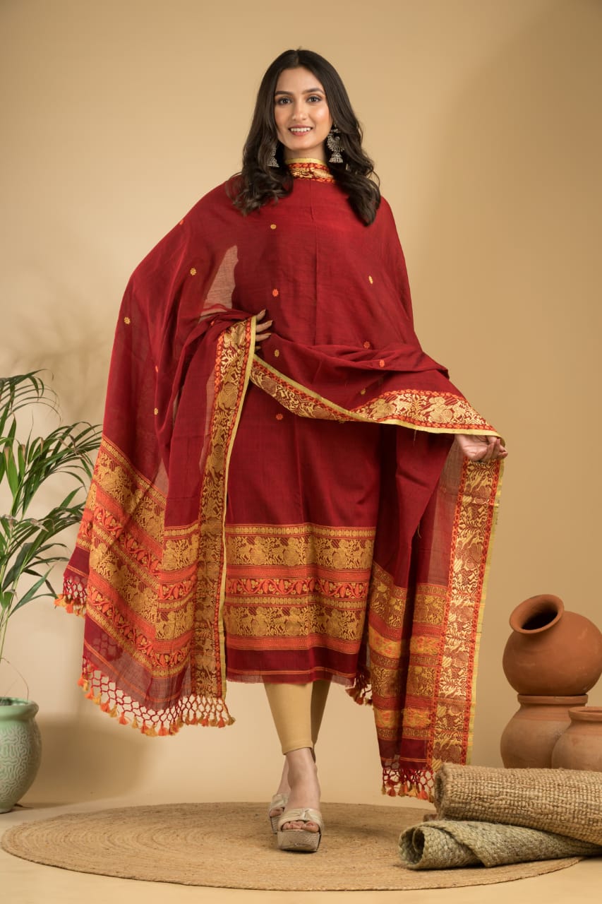 Rihyaaz Dark Red cotton Baluchari suit set with 2.5 meter top and 2.5 meter tassel dupatta, elegant traditional ethnic wear for women.