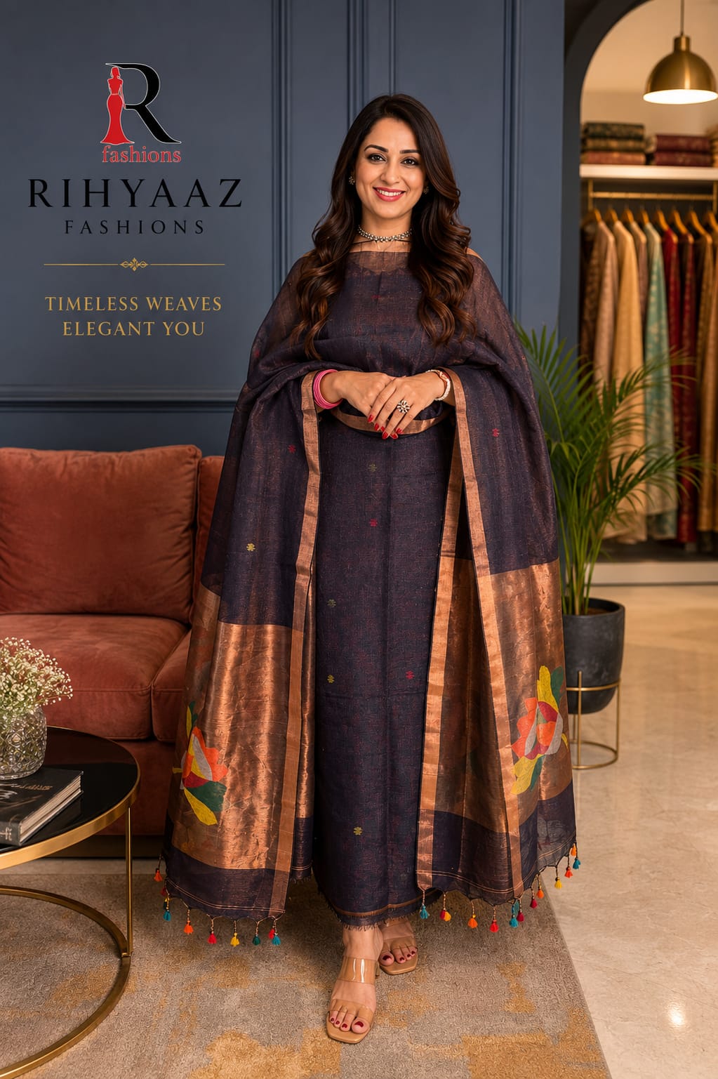 Mohor broad palla Paithani linen Jamdani suit by Rihyaaz with 3-meter linen top and 2.5-meter tassel dupatta in premium handloom-inspired weave.