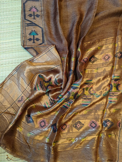 Iravati Dark Brown exclusive silk linen saree featuring a tested zari Jamdani border, elegant Paithani-style tissue pallu, and matching running blouse piece by Rihyaaz Fashions.