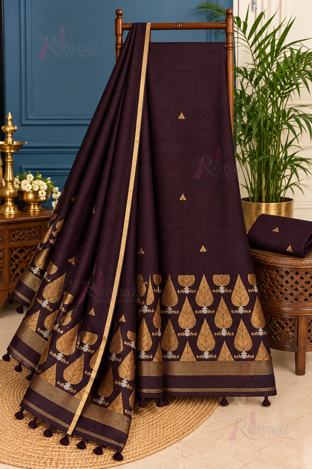 Sikha dark brown premium Jayshree linen suit with heavy-woven Sona Rupa dual zari weaved Jamdani work by Rihyaaz Fashions.