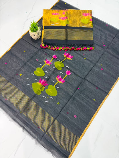Rihyaaz handwoven Muslin Paithani Jamdani suit set with 2.5-meter top and 2.5-meter tassel-detail dupatta