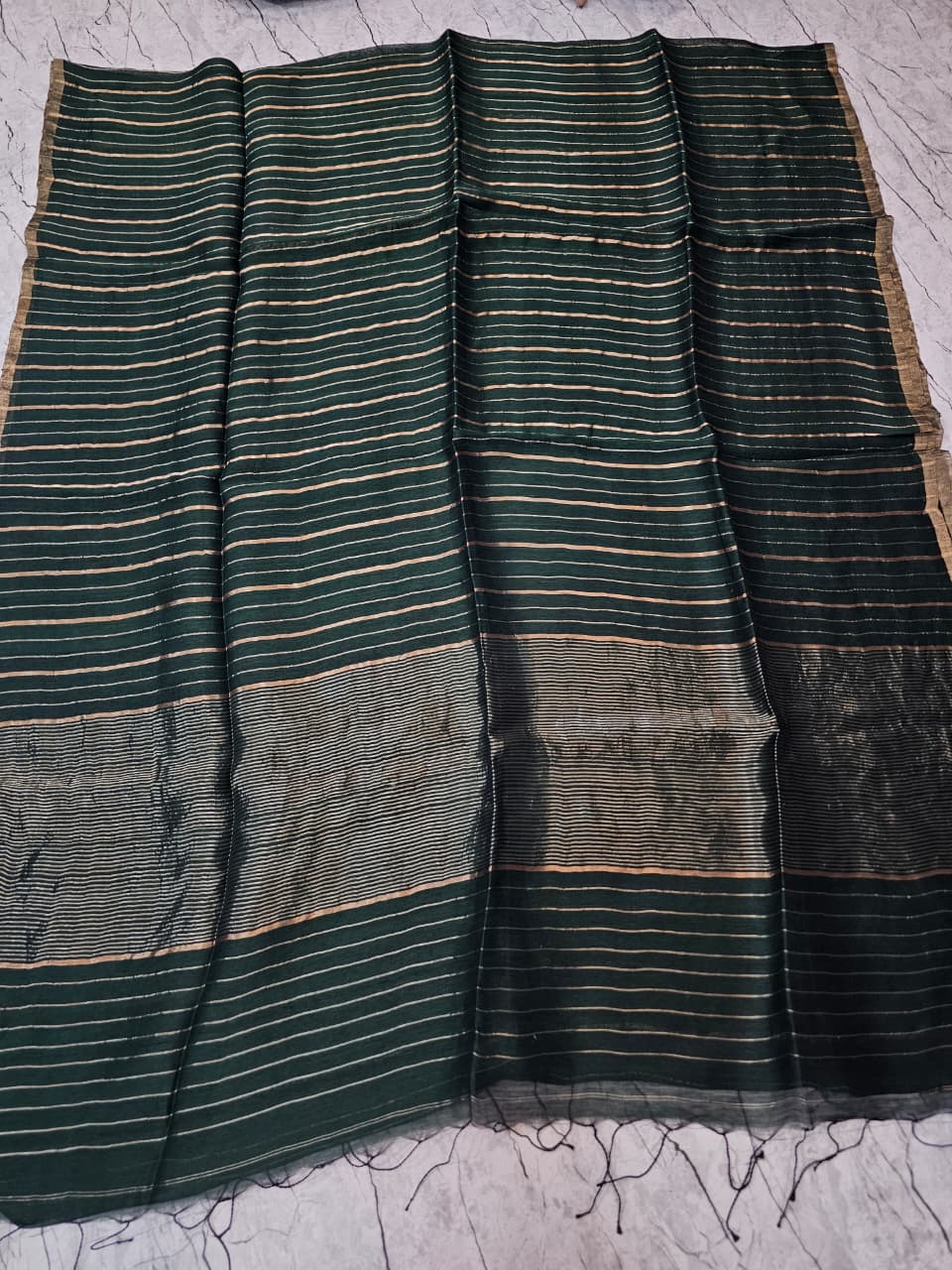 Shaam Resham Dual Zari Stripe Silk Linen Saree by Rihyaaz Fashions, premium handwoven silk linen saree with elegant resham and dual zari stripe detailing.