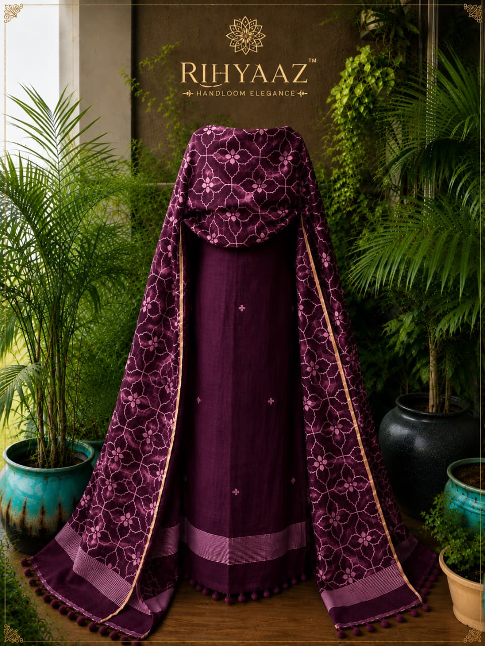 Zohra pure linen polka weaved suit with an all-over woven floral dupatta by  Rihyaaz for a graceful elegant look.