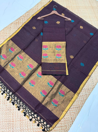 Rihyaaz Zul Zari Patta linen suit set with matching dupatta, showcasing elegant zari detailing and traditional Indian handloom-inspired craftsmansh