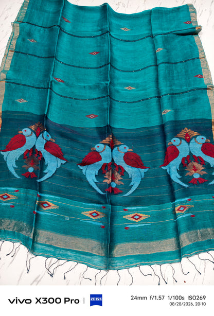 Moyna Dark sky silk linen saree with Resham palla and intricate Meenakari Jamdani handwoven detailing with bird motiffs by Rihyaaz