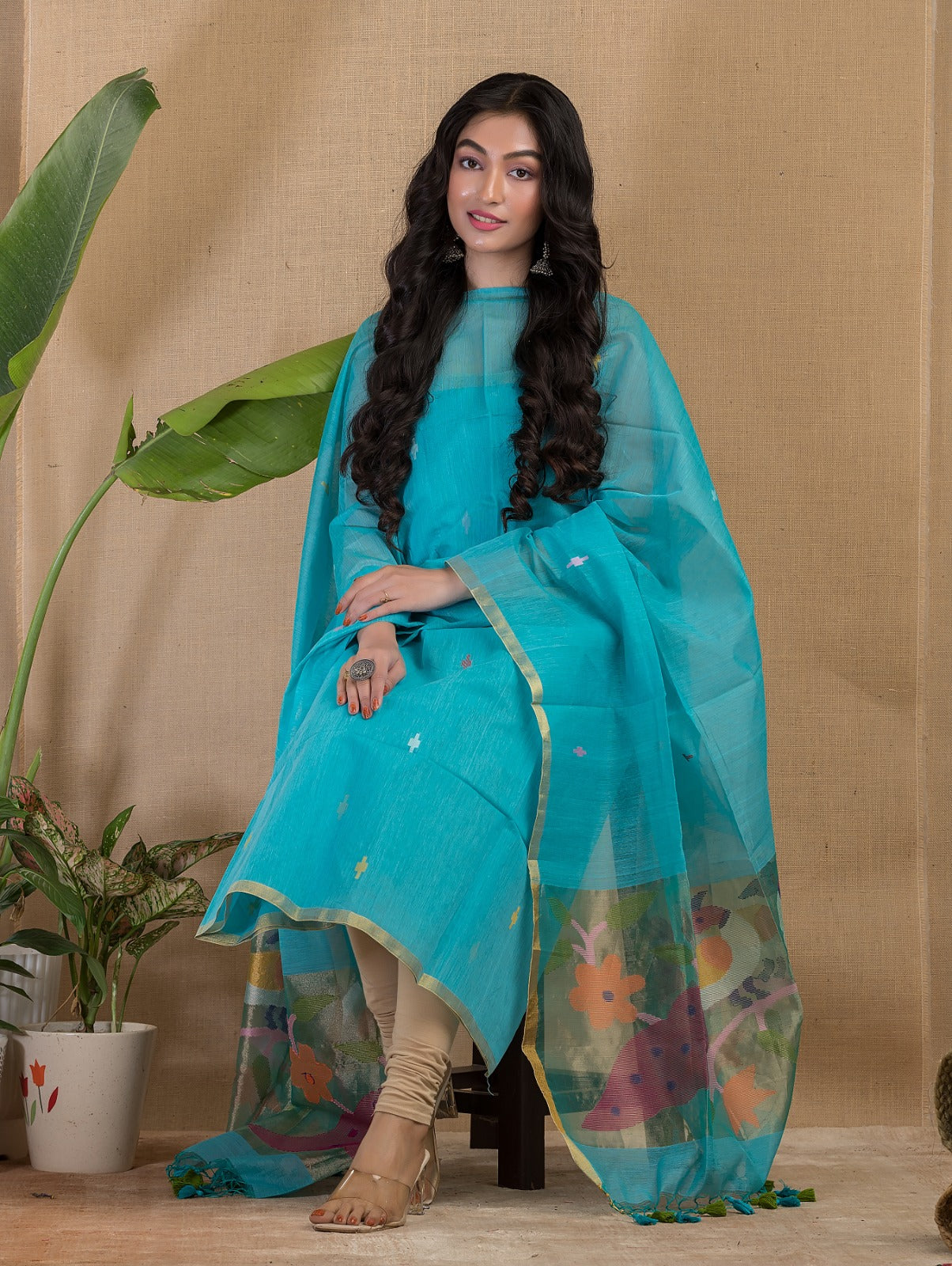 Rihyaaz Muslin Peacock Motif Paithani Jamdani handwoven suit with 2.5 meter top and tassel detailed dupatta