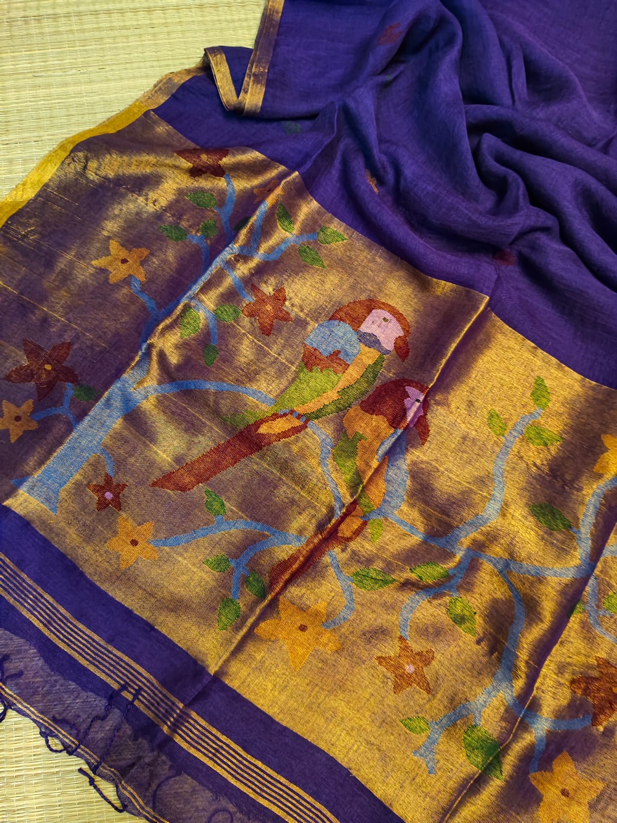 Kakatua Pure Linen Paithani Saree by Rihyaaz with matching blouse piece, elegant Paithani weave, premium linen fabric, custom colour options available, handcrafted ethnic wear.