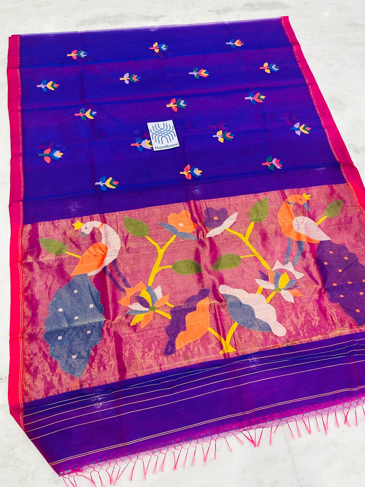 Shahi pure muslin handwoven saree with blouse piece by Rihyaaz, showcasing traditional Indian handloom craftsmanship and elegant woven texture.
