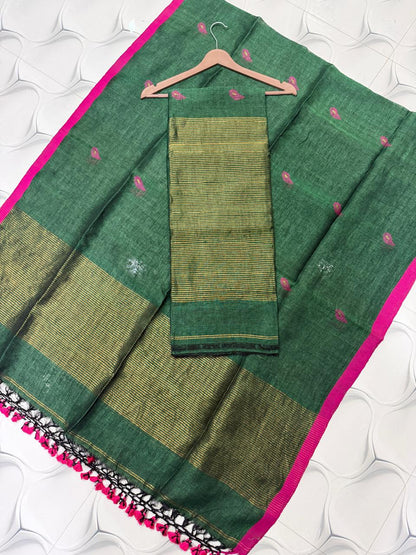 Nethra linen zari patta Jamdani suit by Rihyaaz, featuring a refined linen texture, delicate zari patta detailing and elegant traditional Jamdani craftsmanship.