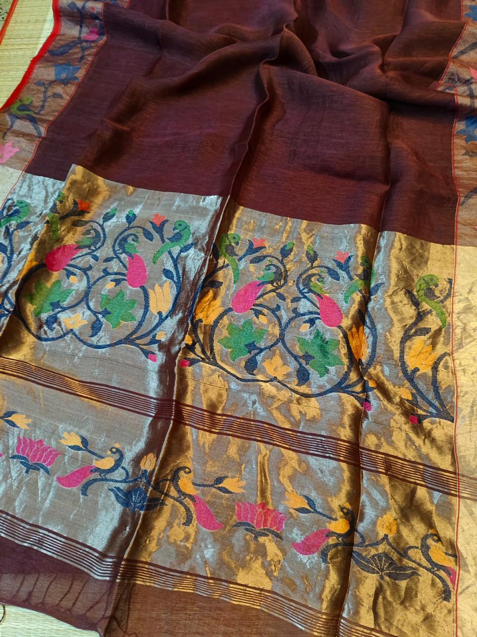 Kheya silk linen Pita zari Paithani saree by Rihyaaz Fashions, featuring traditional zari weaving and elegant handloom detailing.