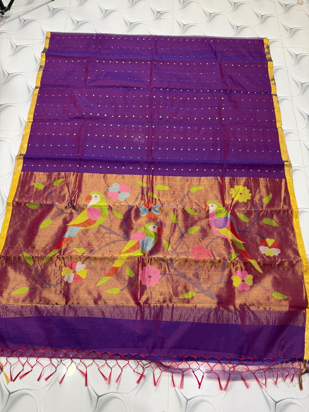 Tehni deep sequin weaved Muslin Paithani saree by Rihyaaz, elegant traditional festive saree with intricate Paithani weaving and all-over weaved sequin detailing.