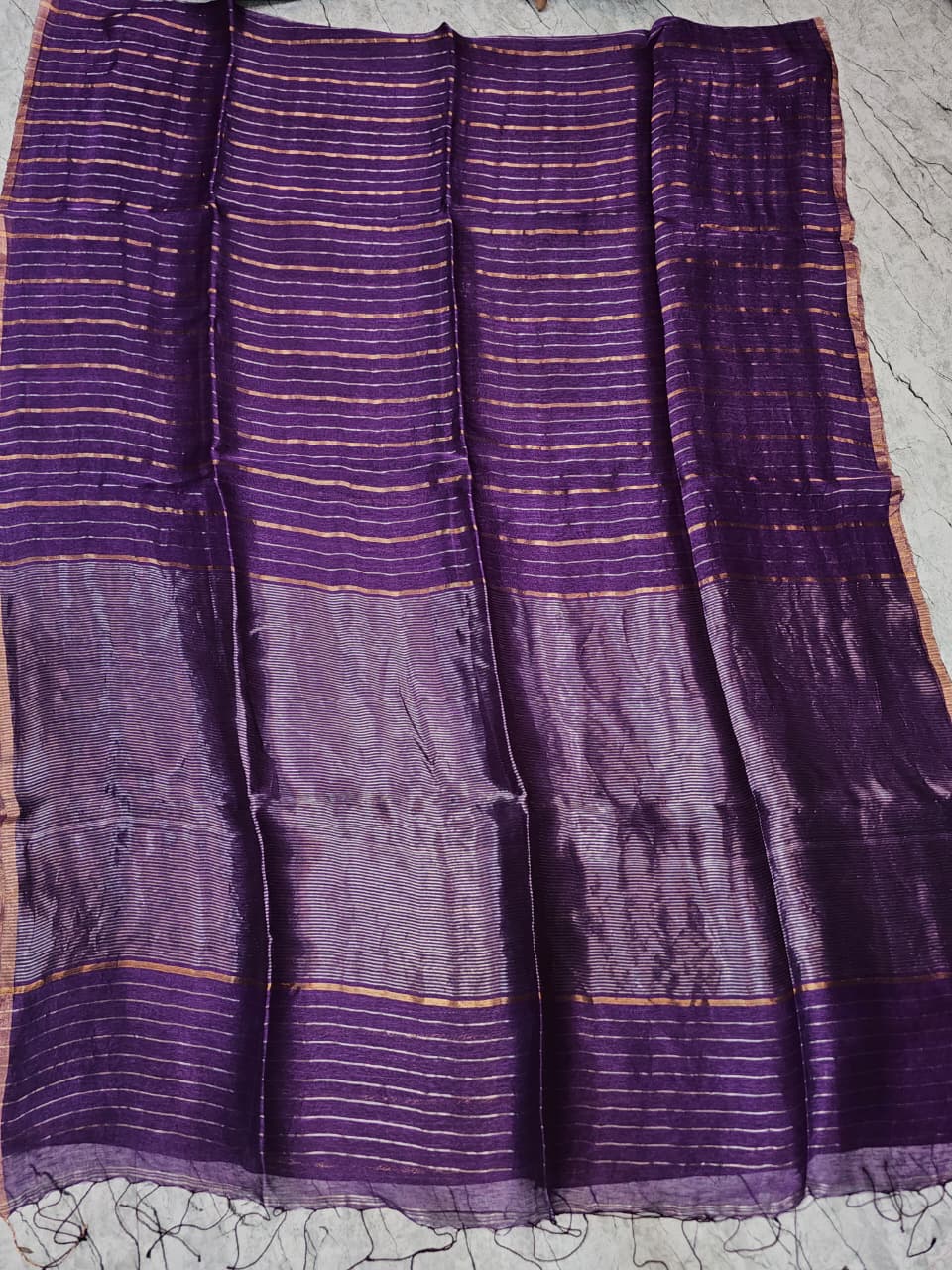 Shaam Resham Dual Zari Stripe Silk Linen Saree by Rihyaaz Fashions, premium handwoven silk linen saree with elegant resham and dual zari stripe detailing.