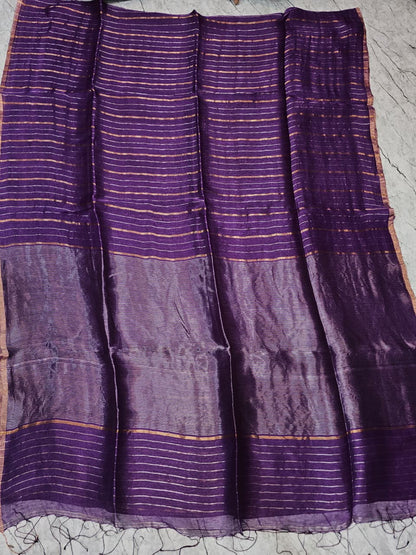 Shaam Resham Dual Zari Stripe Silk Linen Saree by Rihyaaz Fashions, premium handwoven silk linen saree with elegant resham and dual zari stripe detailing.