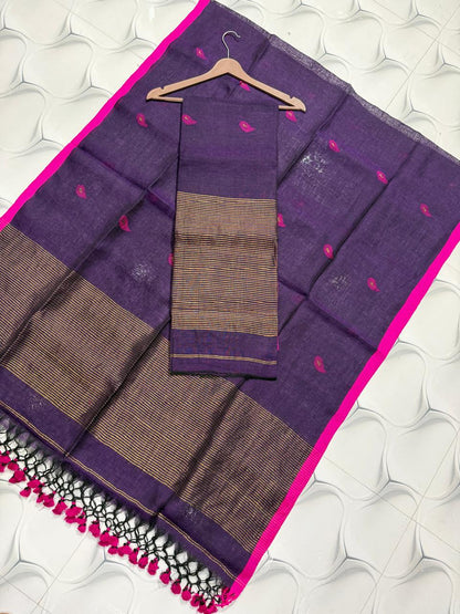 Nethra linen zari patta Jamdani suit by Rihyaaz, featuring a refined linen texture, delicate zari patta detailing and elegant traditional Jamdani craftsmanship.