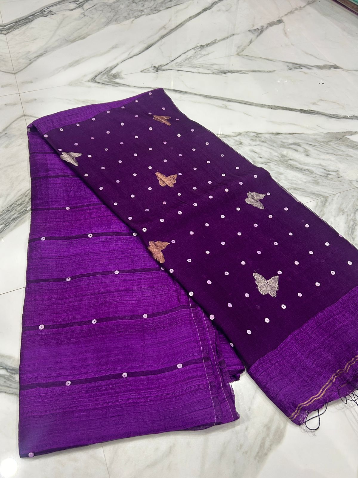 Titli Matka Resham saree with all-over weaved delicate shell sequin detailing and butterfly motifs by Rihyaaz.