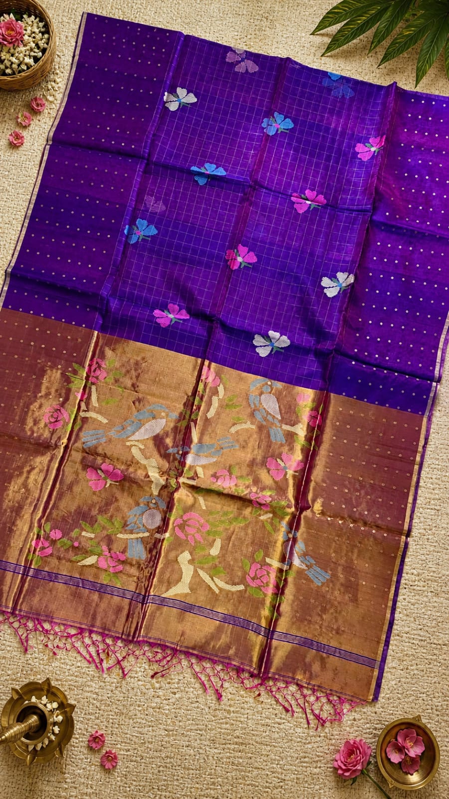 Titli by Rihyaaz – Beautiful muslin Paithani style needle work Jamdani saree with delicate sequins work and matching blouse piece, handcrafted for festive and occasion wear.