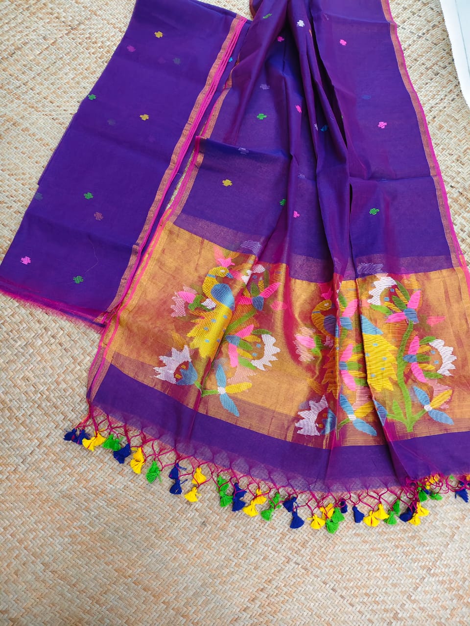 Morni deep purple premium muslin tissue suit with intricate needle work Jamdani palla Peacock Motif dupatta by Rihyaaz.