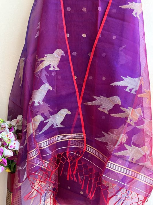 Chidiya muslin woven suit with zari and silk weaving, featuring polka dot motifs on the top by Rihyaaz Fashions.