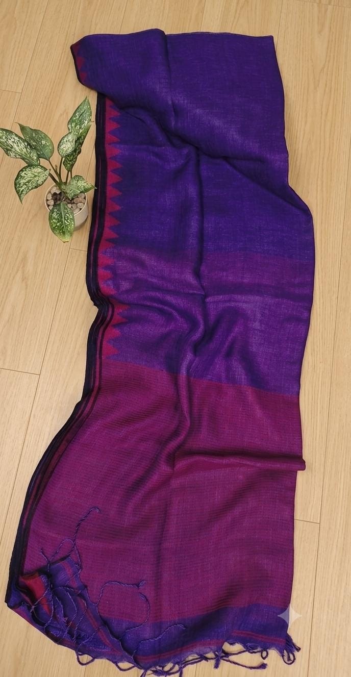 Deep Purple Pure silk Jayashree linen saree with traditional temple border, striped palla and running blouse piece by Rihyaaz Fashions.