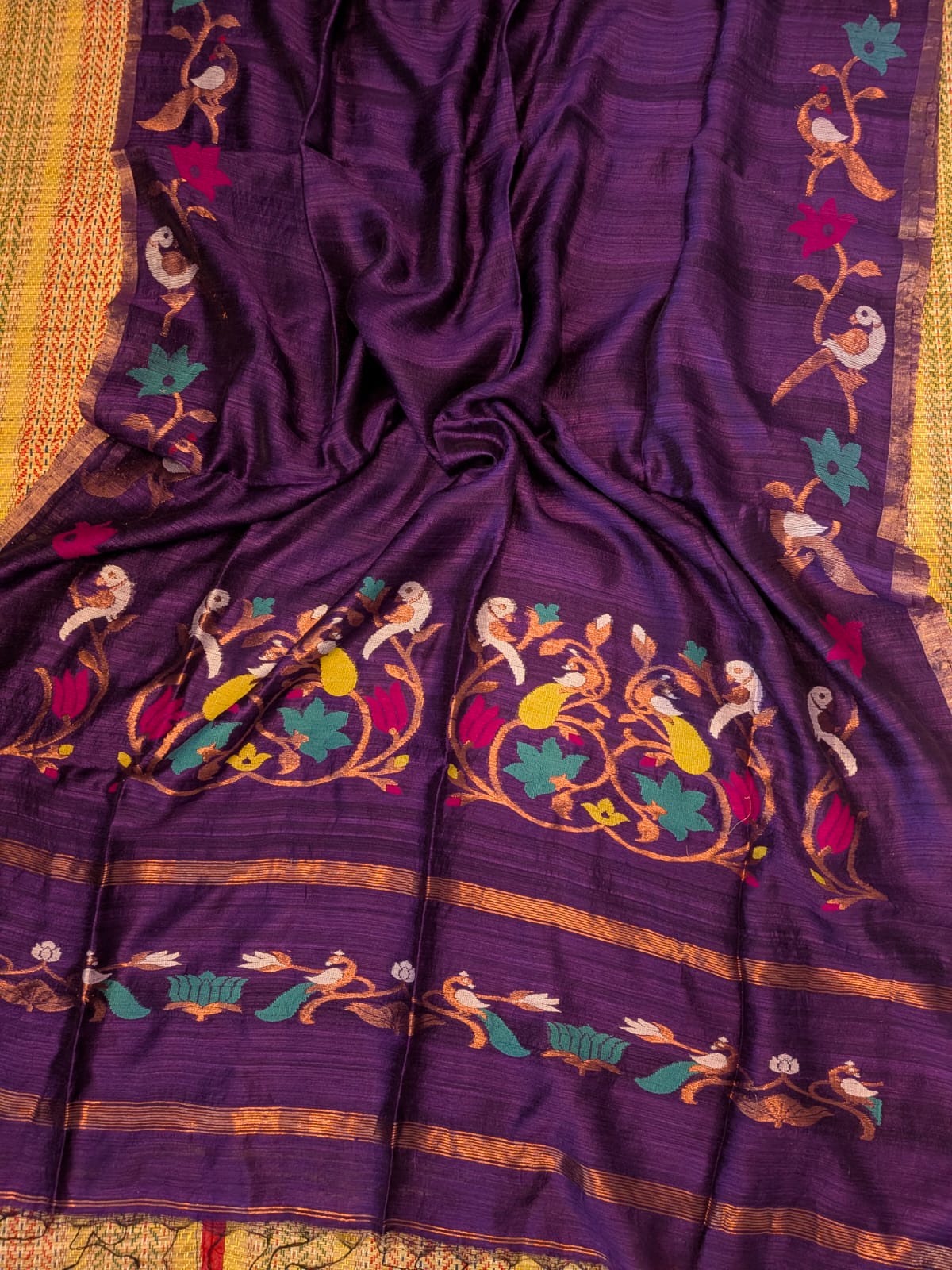 Utsav Deep Purple Pure Matka Jamdani saree by Rihyaaz Fashions featuring a Paithani-style pallu, handwoven designer border and contrasting tested zari borders.