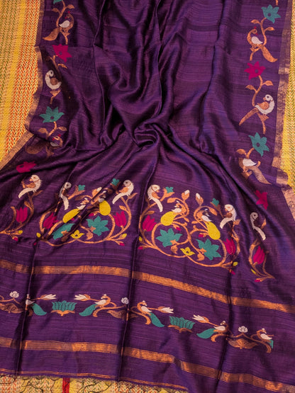 Utsav Deep Purple Pure Matka Jamdani saree by Rihyaaz Fashions featuring a Paithani-style pallu, handwoven designer border and contrasting tested zari borders.