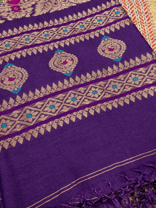 Mrunal deep purple pure Tussar by Tussar handwoven Meenakari Jamdani saree with Benarasi-style weave and running blouse piece by Rihyaaz