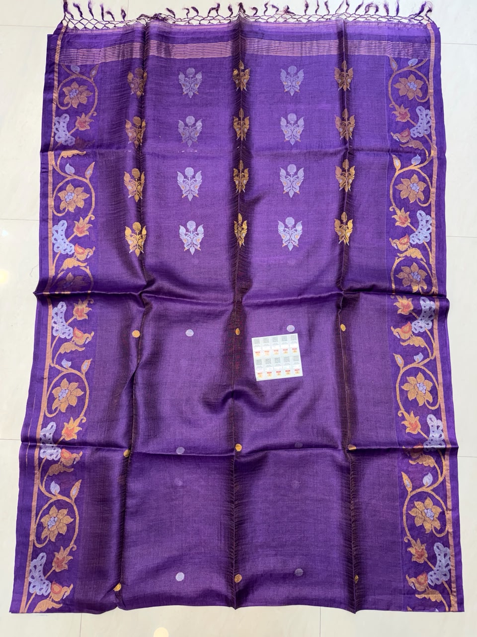 Authentic Pure Gachhi Weaving Tissue Tussar Jamdani Saree with Unique Dye Design and Government Silk Mark Tag by Rihyaaz