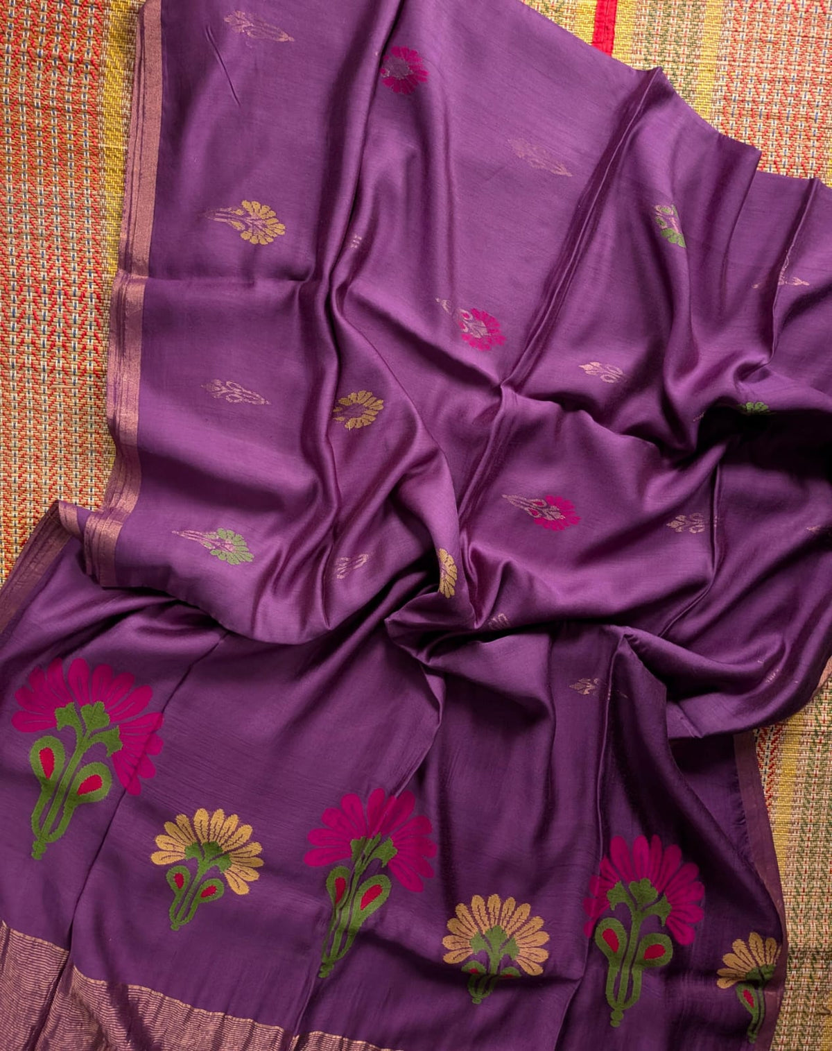 Rihyaaz Zinnia Deep Purple premium handwoven Tissue Silk by Modal Jamdani saree, soft lightweight fabric with blouse piece.