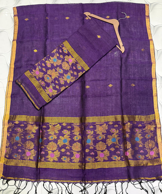Rihyaaz new zari weaved pure linen Jamdani suit set with 2.6 meter top and 2.5 meter tasals dupatta.