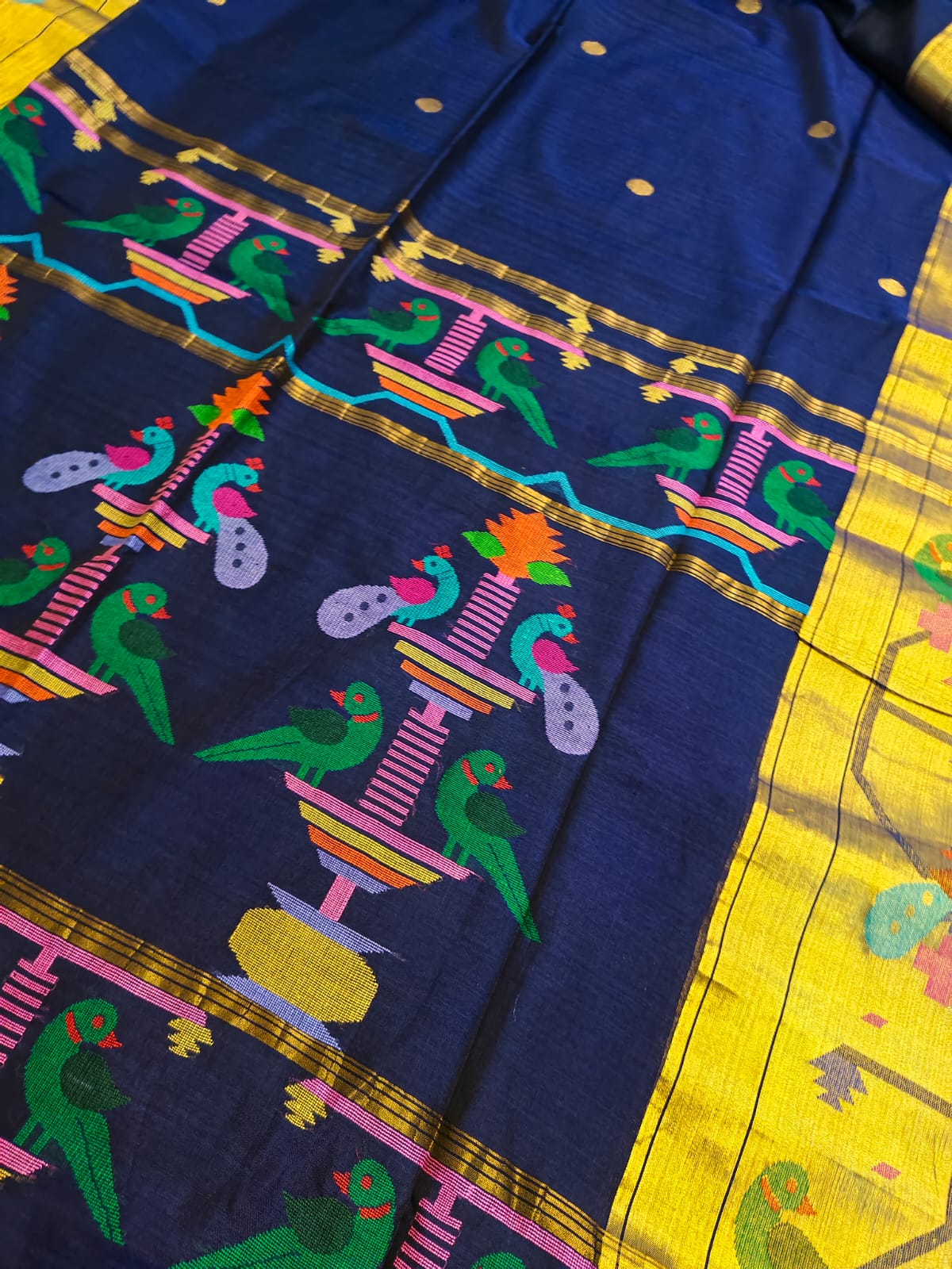 Colorful fabric with bird patterns on a blue and yellow background
