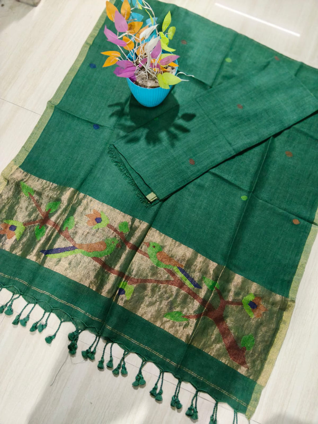 Moh deep green pure Jayshree by Jayshree Paithani palla linen suit by Rihyaaz Fashions, premium handwoven Indian ethnic wear