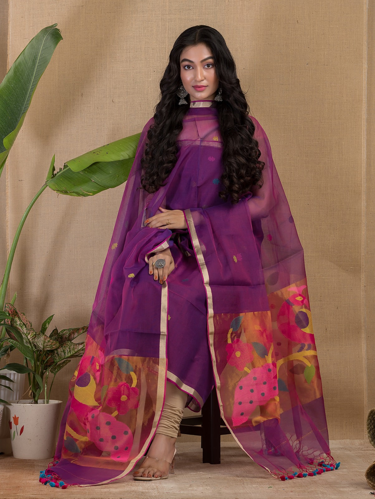 Rihyaaz Muslin Peacock Motif Paithani Jamdani handwoven suit with 2.5 meter top and tassel detailed dupatta