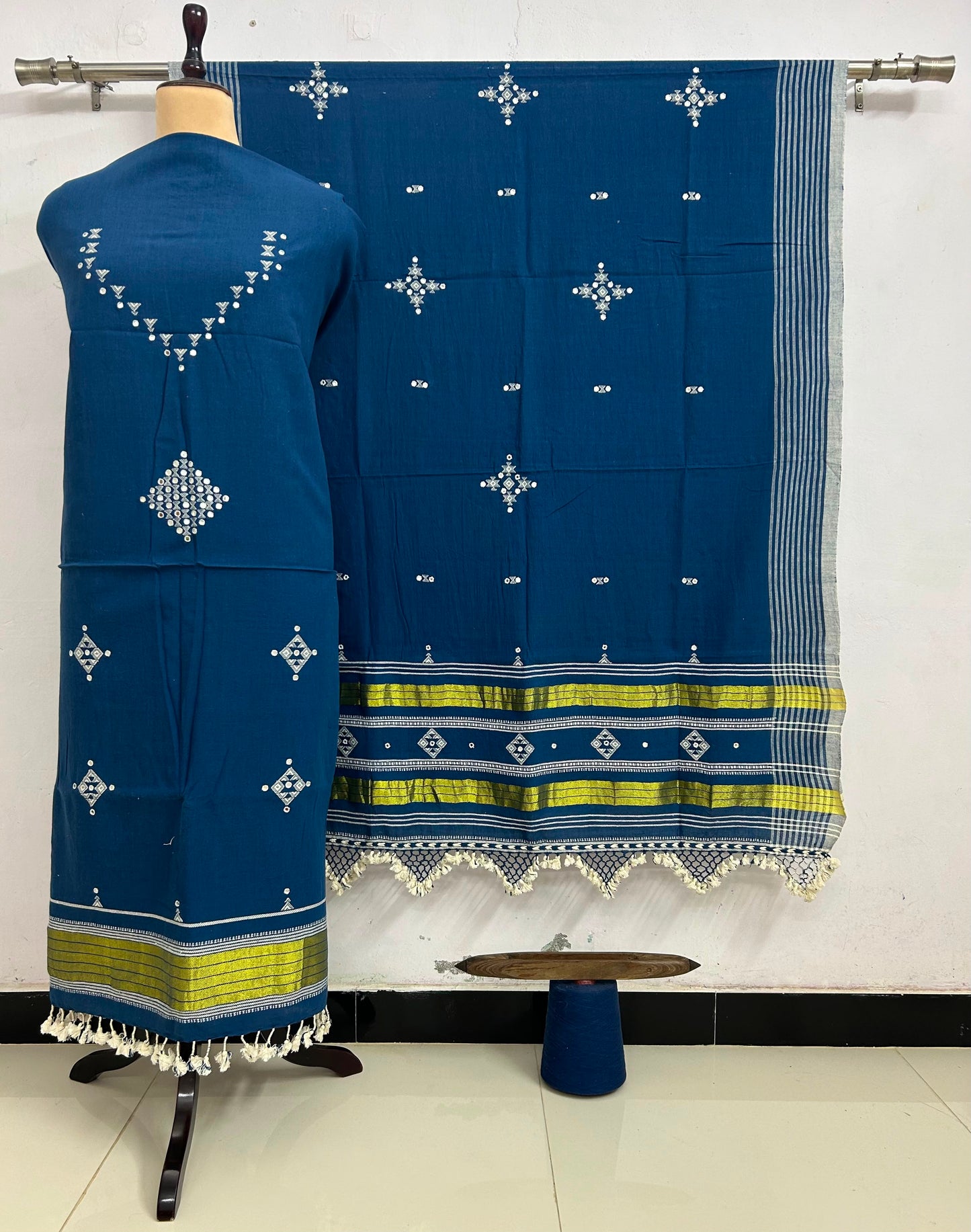Ahir - Designer Kala Cotton 3 Piece Suit Set by Rihyaaz featuring handcrafted Ahir embroidery, breathable sustainable Kala Cotton fabric, matching kurta, pants and dupatta for elegant ethnic wear.