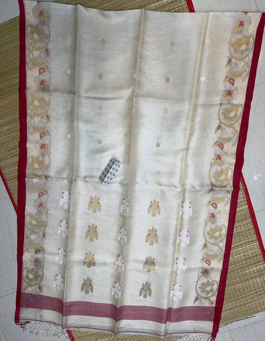 Sourja White Exclusive pure Gachhi Tussar silk Jamdani saree with all-over buti motifs, unique PL weaving and Silk Mark tag by Rihyaaz Fashions.