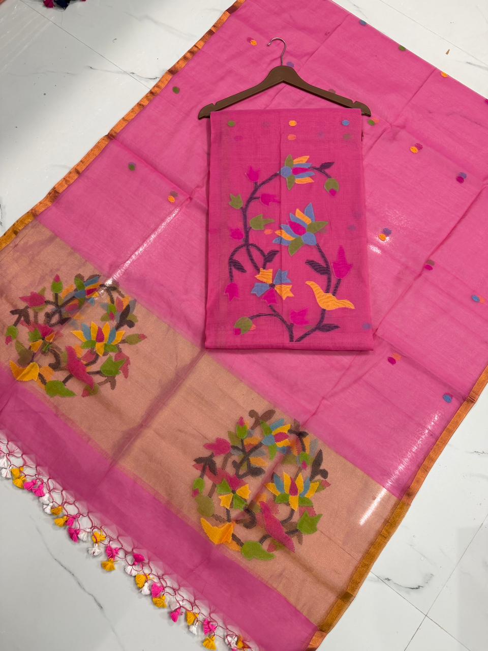Rihyaaz handwoven Muslin Paithani Jamdani suit with 2.5 meter top and 2.5 meter tassel dupatta, lightweight traditional Indian ethnic wear.