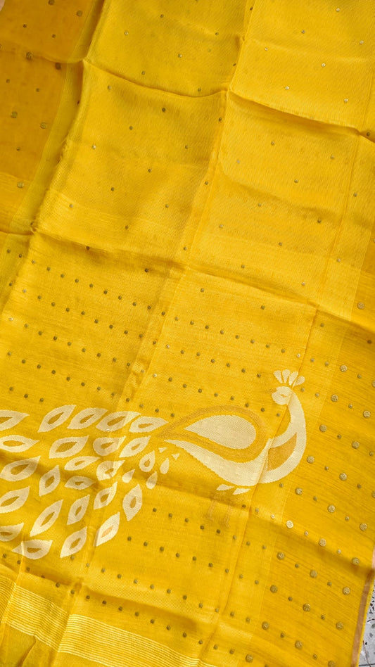 Keka premium Resham Silk Jamdani saree with handwoven needle Jamdani work, metal gini embellishments, peacock motif pallu, thin zari border, and running blouse piece.